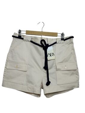 Zara Men’s Cotton Blend Cream Resort Beach Cargo Shorts with Navy Rope Tie 34